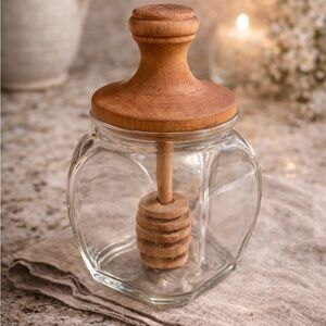 🍯 Vintage Glass Honey Jar with Wooden Lid & Dipper
